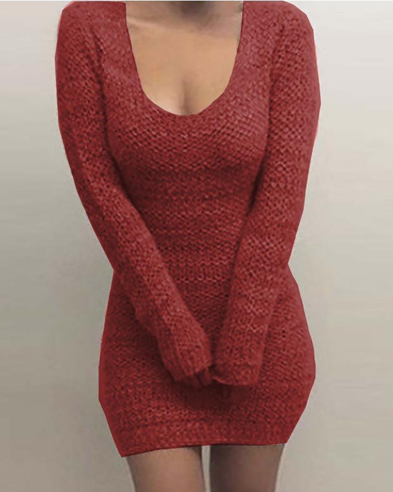 

Solid Long Sleeve Knit Bodycon Women Dress, Red