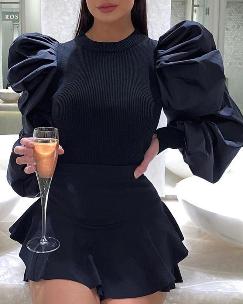 

Plain Ribbed Puffed Sleeve Blouse, Black
