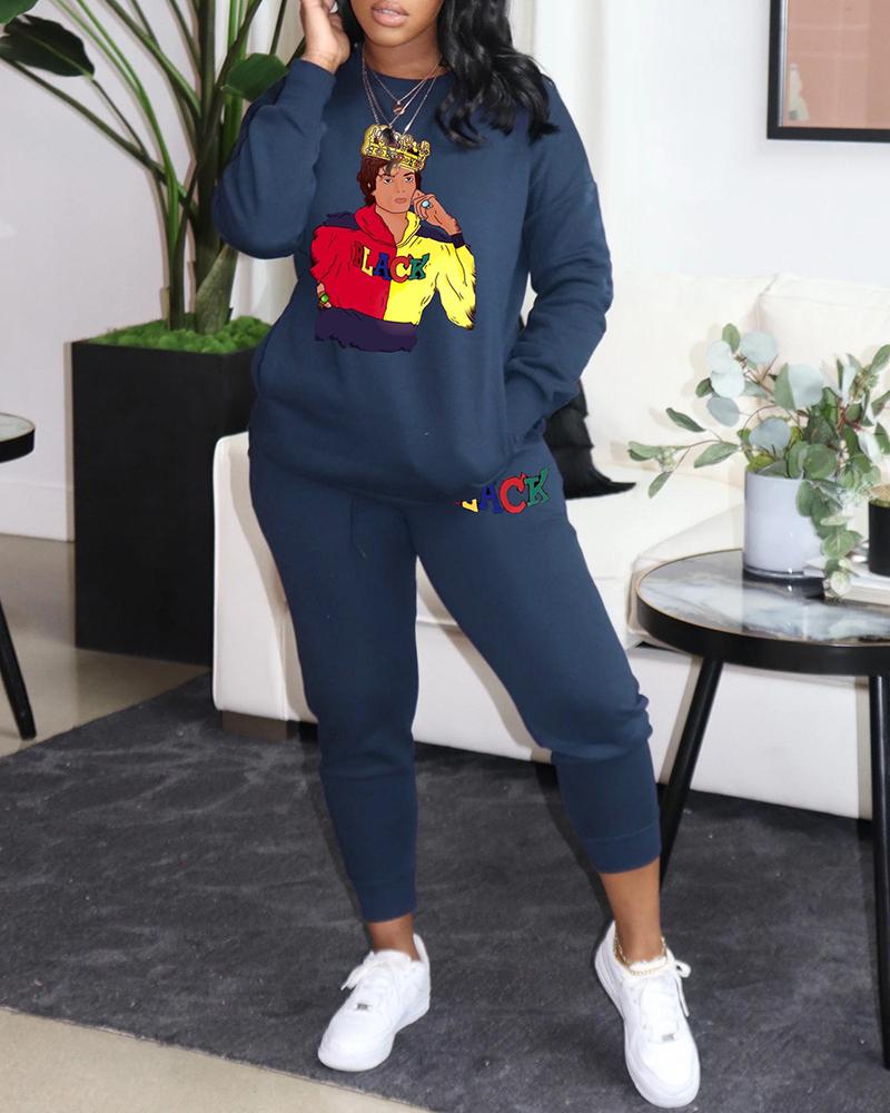 

Cartoon Graphic Print Long Sleeve Top & Pants Set, Dark blue