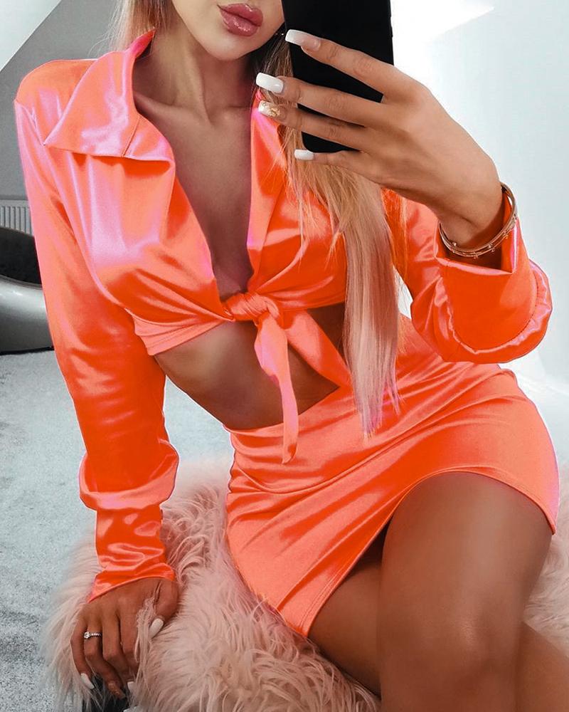 

Satin Tie Front Crop Top & Skirt Sets, Orange