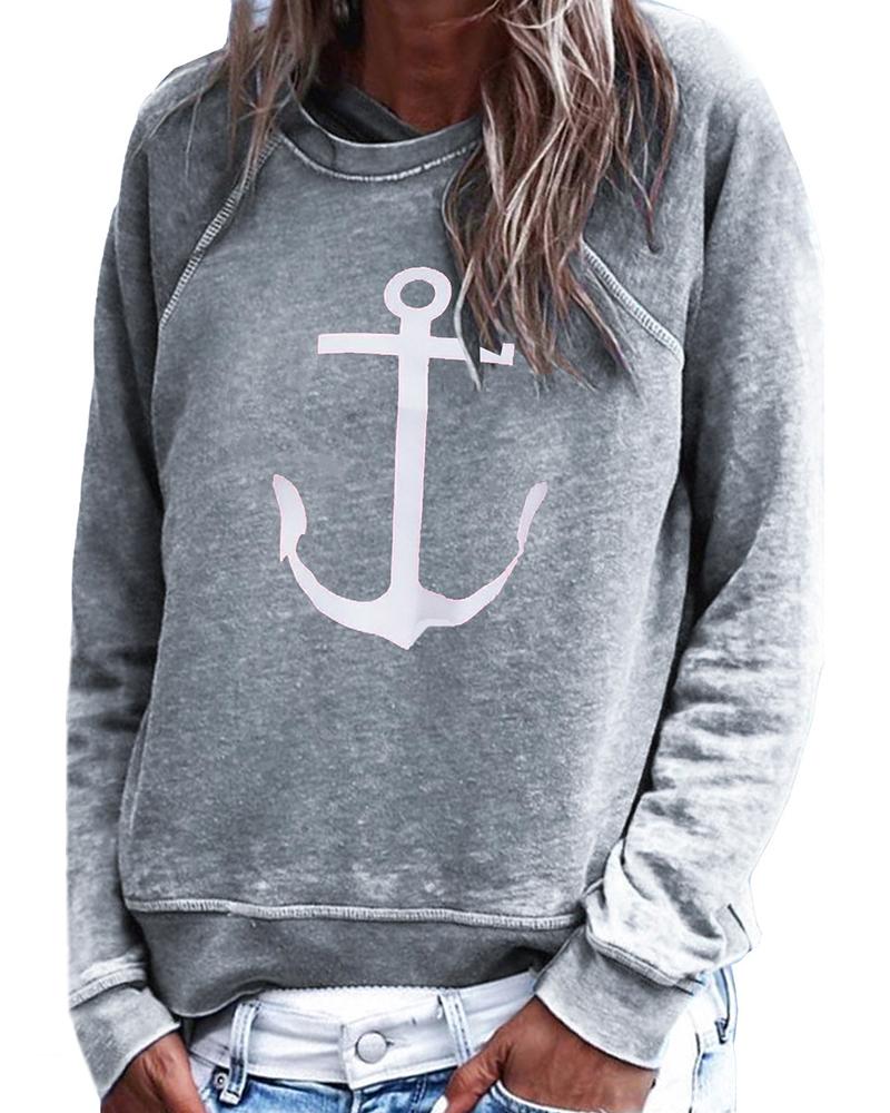 

Boat Anchor Print Long Sleeve Casual Sweatshirt, Gray