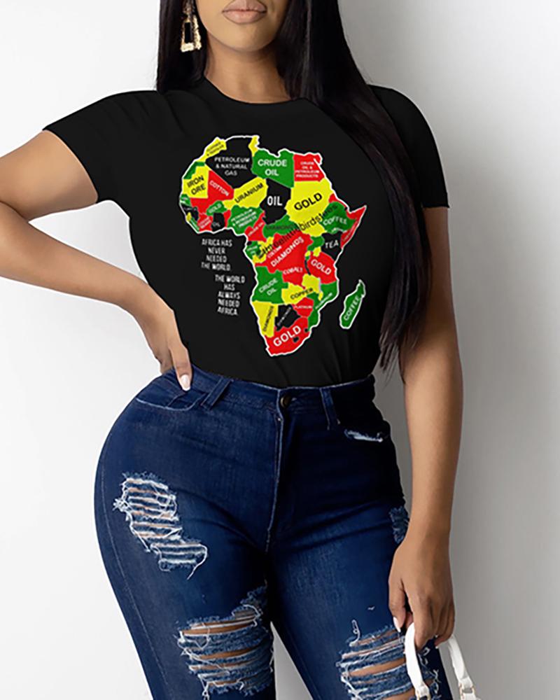 

Map Print Short Sleeve Casual T-shirt, Black