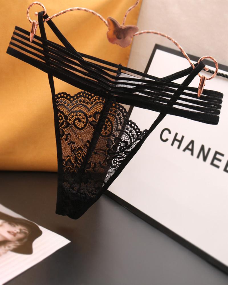 

Solid Lace Strap Skinny T-string Panties, Black
