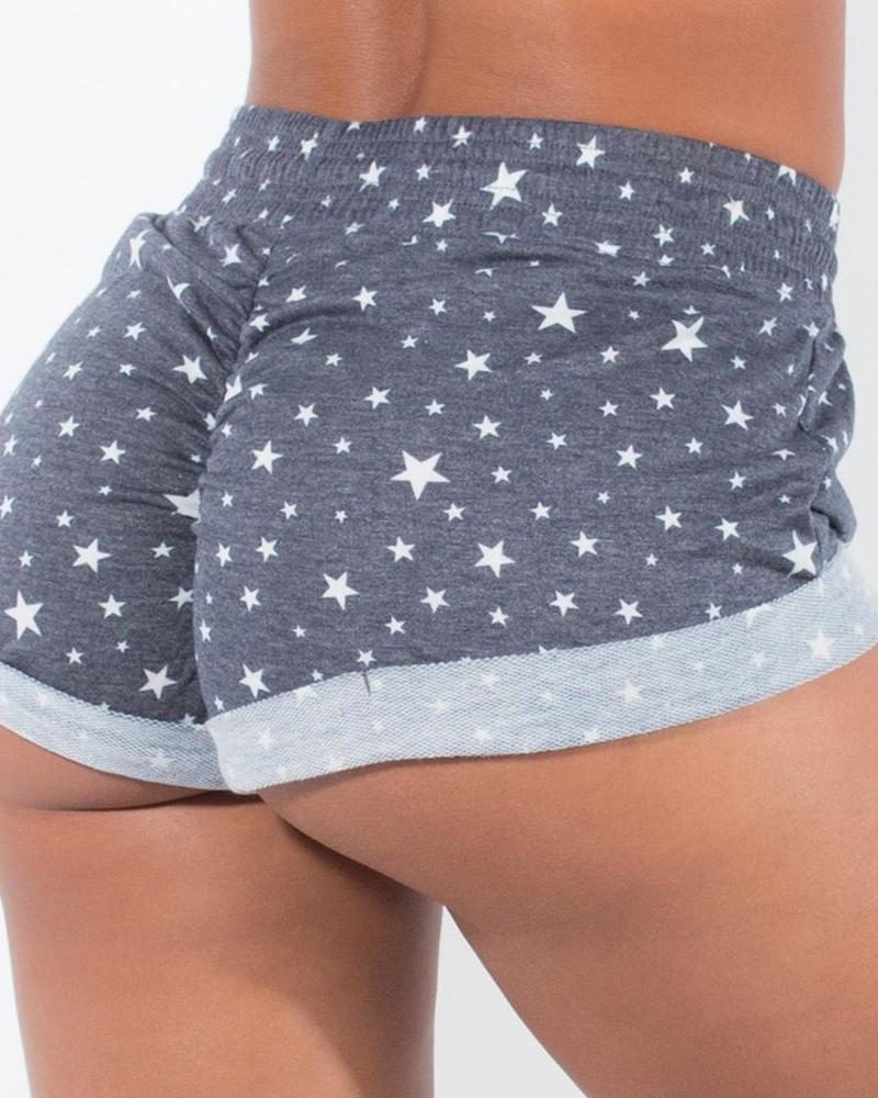 

Star Print Drawstring High Wasit Ruched Casual Shorts, Dark grey