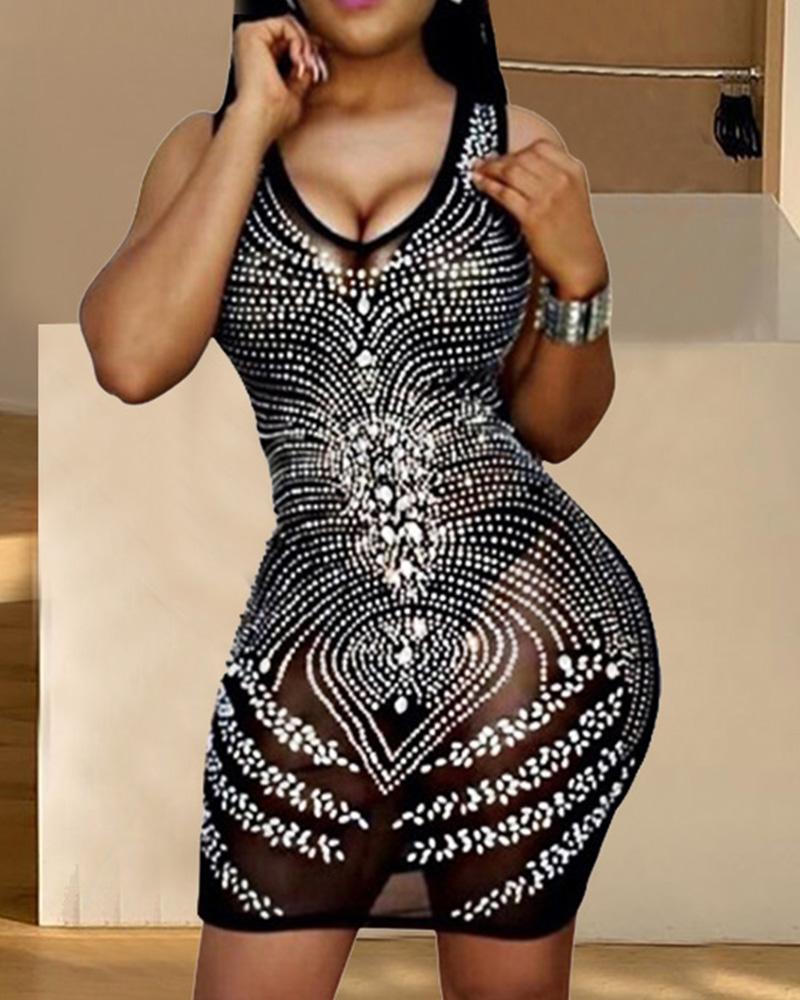 

Studded Sheer Mesh Bodycon Dress, Black