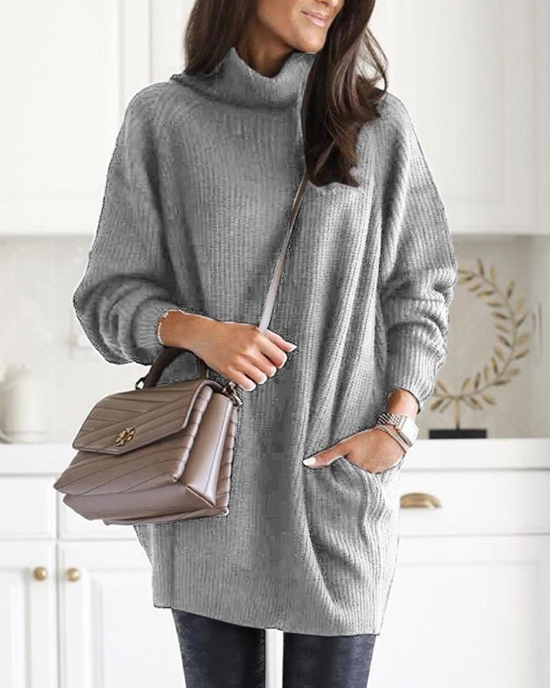 

Ribbed Solid High Neck Sweater, Gray