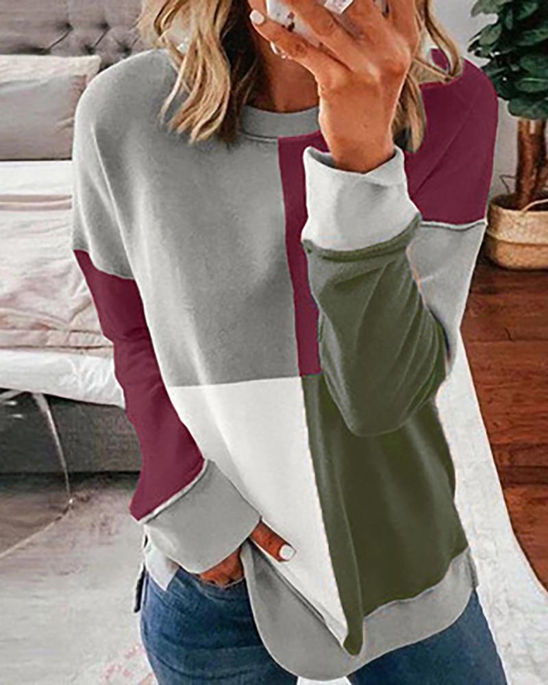 

Colorblock Long Sleeve Casual Sweatshirt, Army green