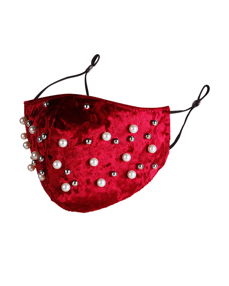 

Multi Beaded Velvet Breathable Face Mask, Red