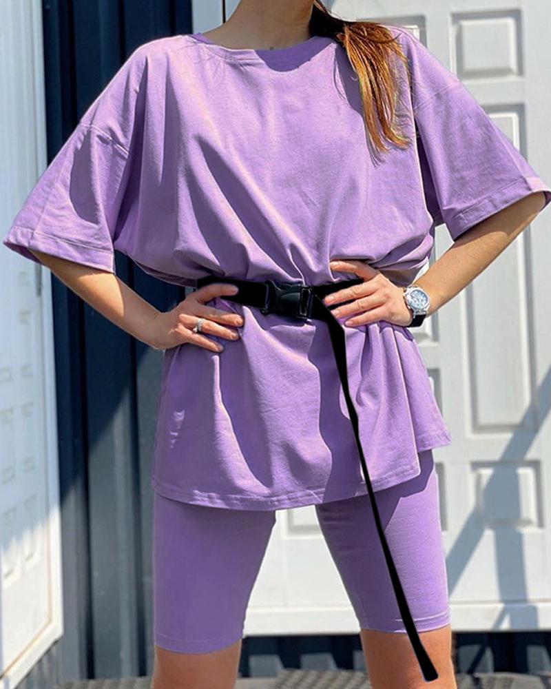 

Solid Short Sleeve Tunic Top & Shorts, Purple