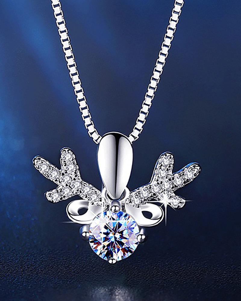 

Deer Pattern Rhinestone Decor Charm Necklace, Silver