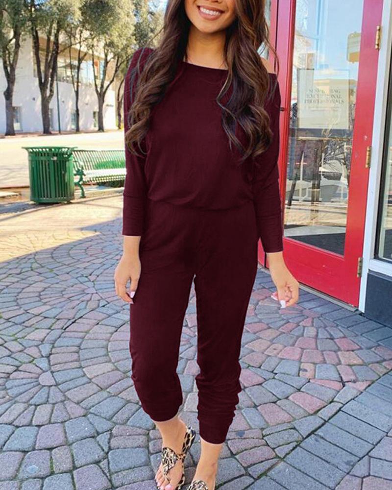 

Off Shoulder Pocket Casual Jumpsuit, Wine red
