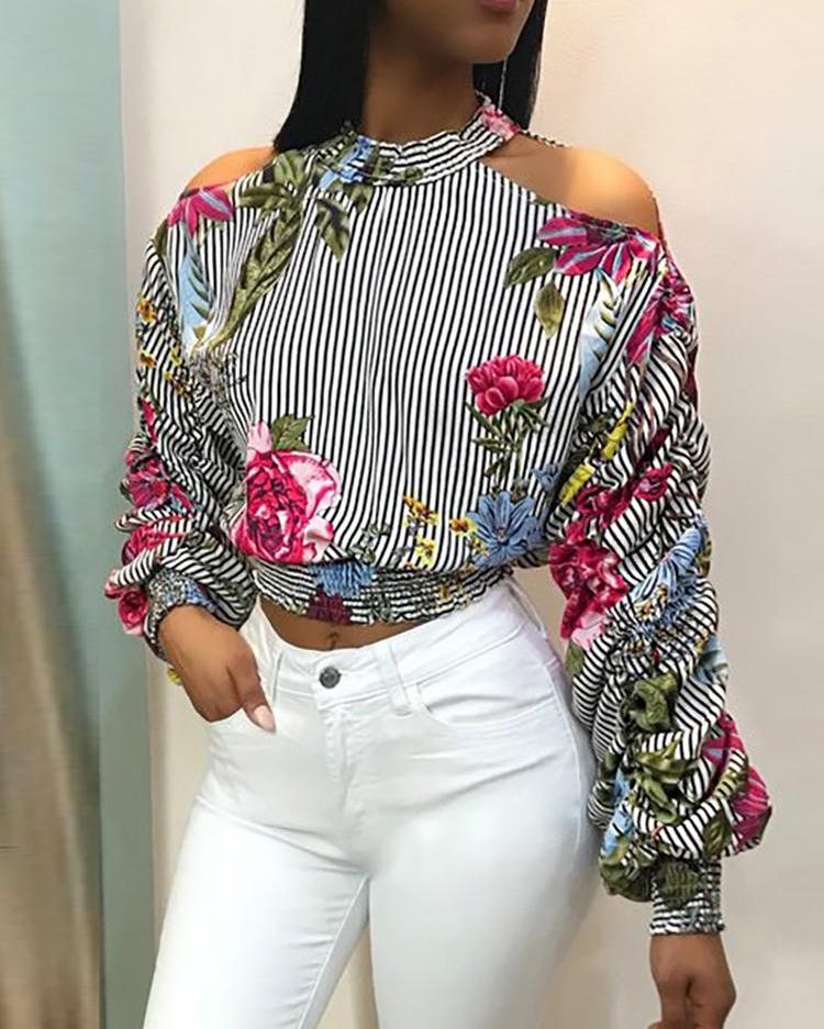 

Cold Shoulder Striped Floral Print Blouse, Multicolor