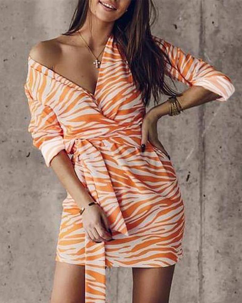 

Zebra Stripe Print V-Neck Belted Dress, White