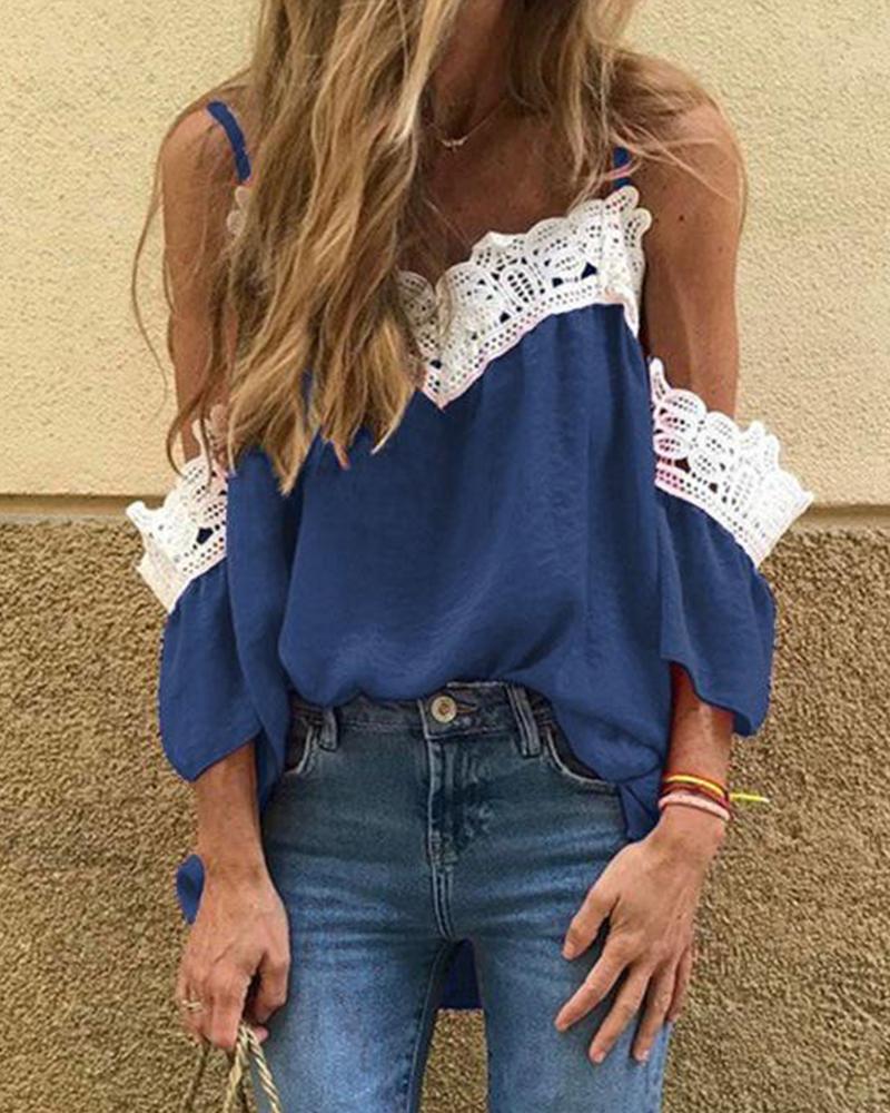 

V-Neck Lace Trim Top, Blue