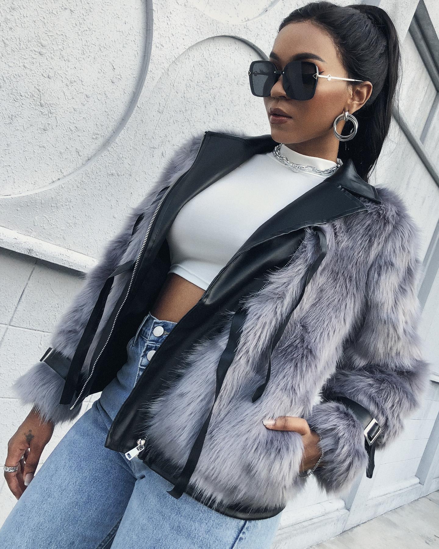 

Zipper Pocket Design Fluffy Faux Fur Coat, Gray