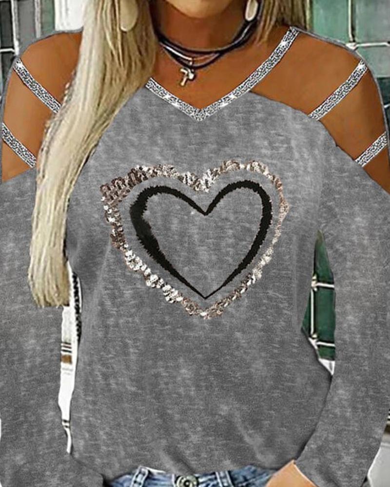 

Glitter Heart Cut-out Long Sleeve Loose T-shirts, Light gray