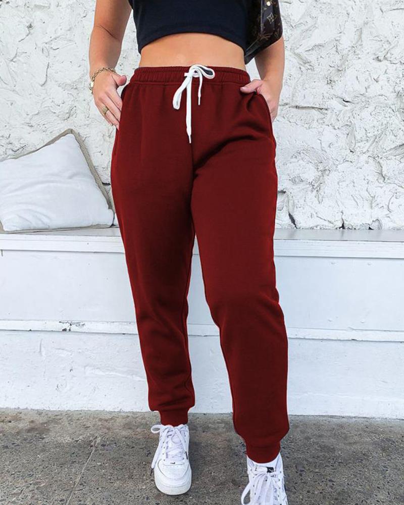 

Solid Drawstring Loose Sporty Jogger Fleece Pants, Wine red