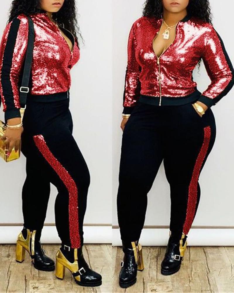 

Sequins Zipper Design Striped Tape Top & Fitted Pants Set, Red
