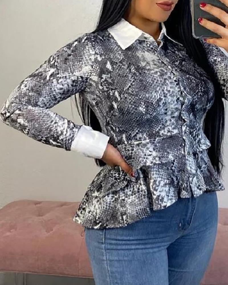 

Turn-down Collar Snakeskin Ruffles Long Sleeve Women Blouse, Gray