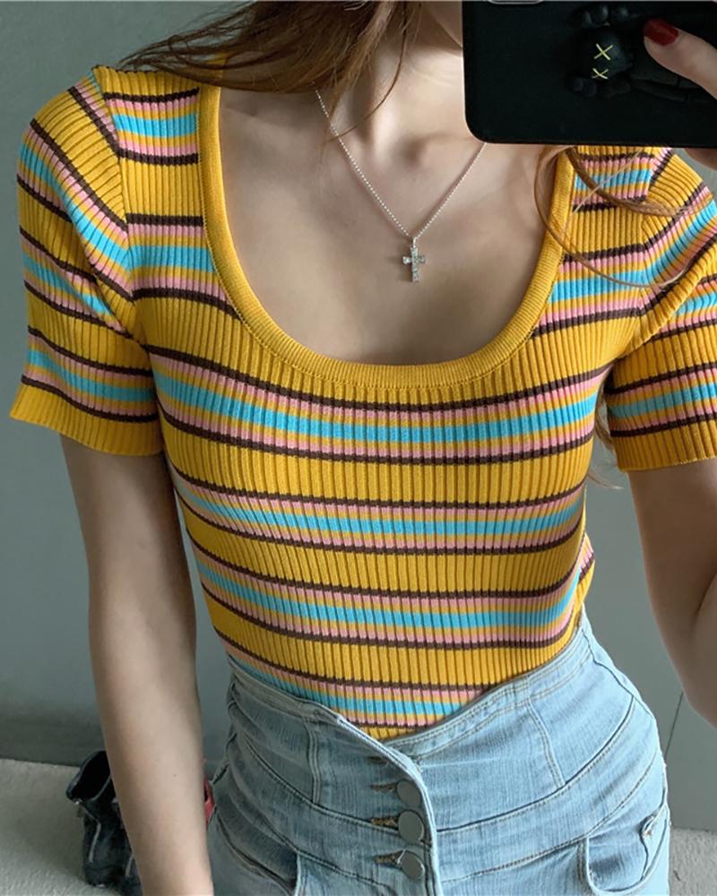 

Striped Short Sleeve Ribbed Casual T-shirt, Yellow