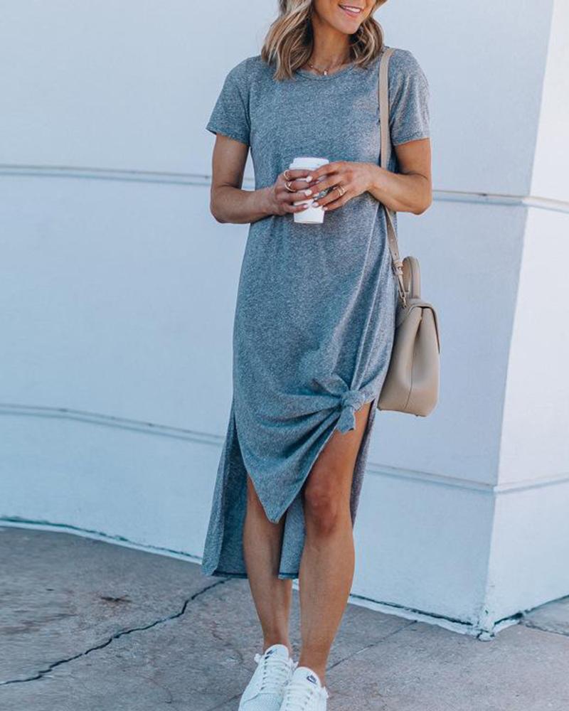 

Round Neck Split Knotted Casual Dress, Gray