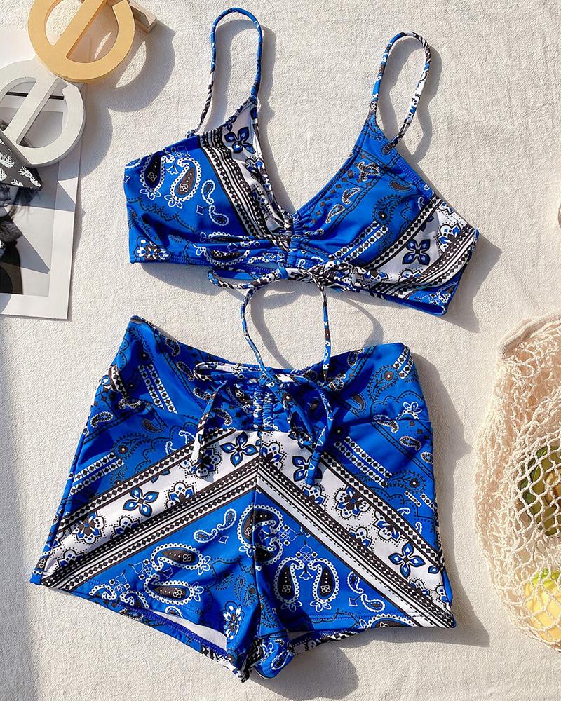 

Retro Patterns Print Strap Bra With Short Bikini Sets, Blue