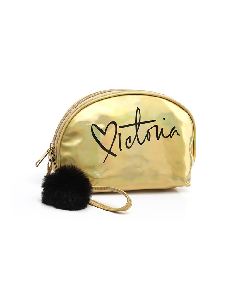 

Letter Print Laser Pom Pom Makeup Bag, Gold