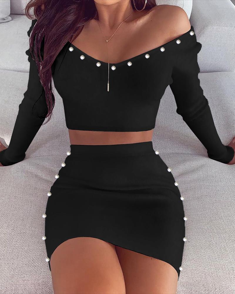 

Black Beaded Long Sleeve Crop Top & Skirt Sets