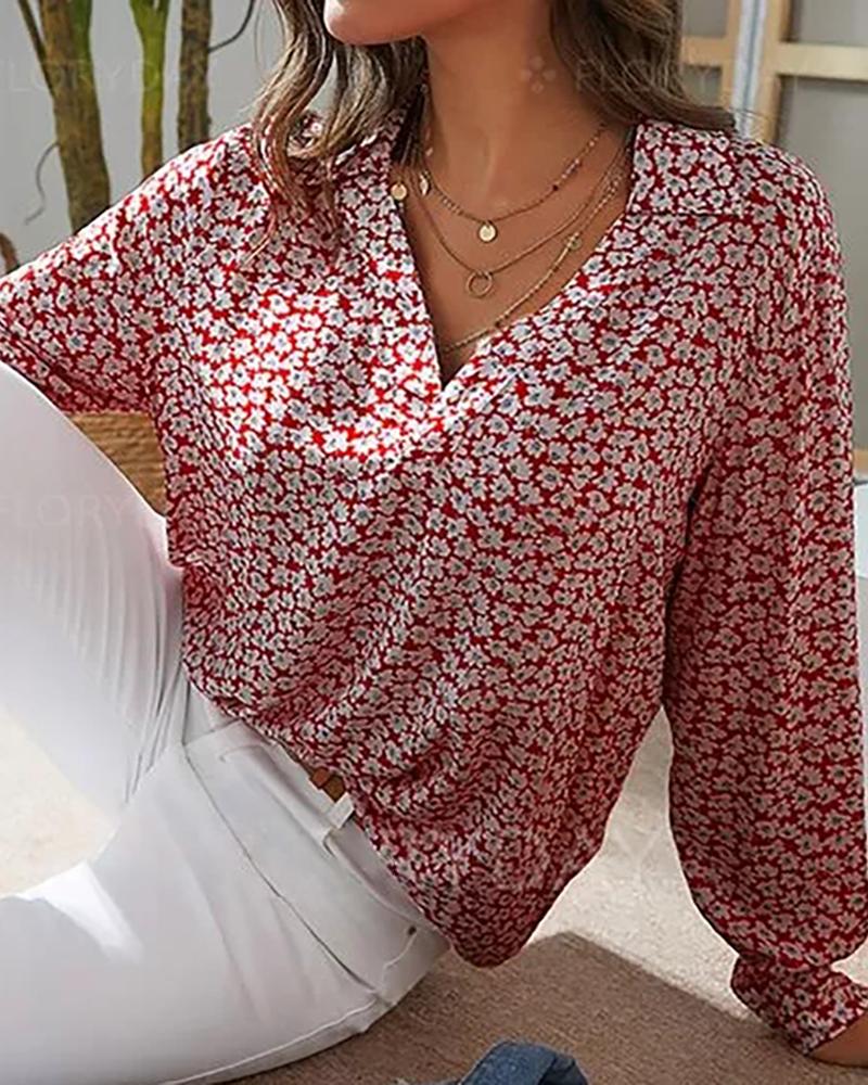 

Floral Print V-Neck Long Sleeve Top, Red