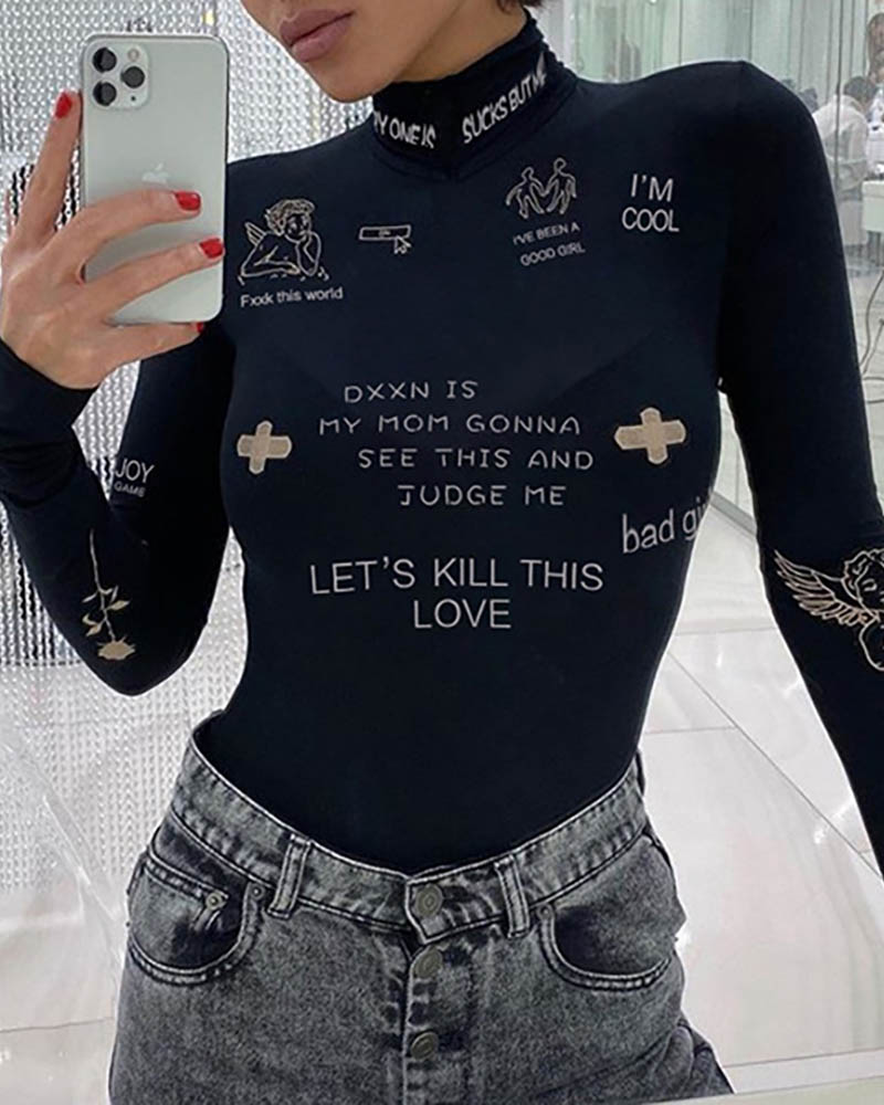 

Letter Print Long Sleeve High Neck Bodysuit, Black