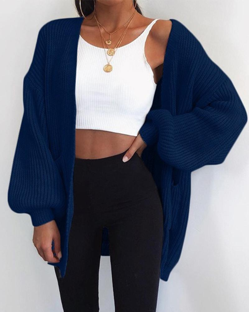 

Solid Long Sleeve Bubble Sleeve Loose Cardigans, Blue