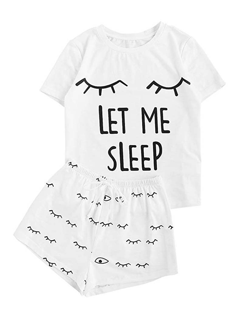 

Print Short Sleeve Round Neck Pajamas Set, White
