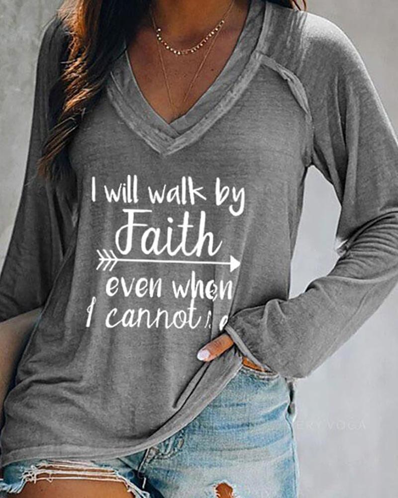 

V-Neck Letter Arrow Print Long Sleeve Casual Top, Gray