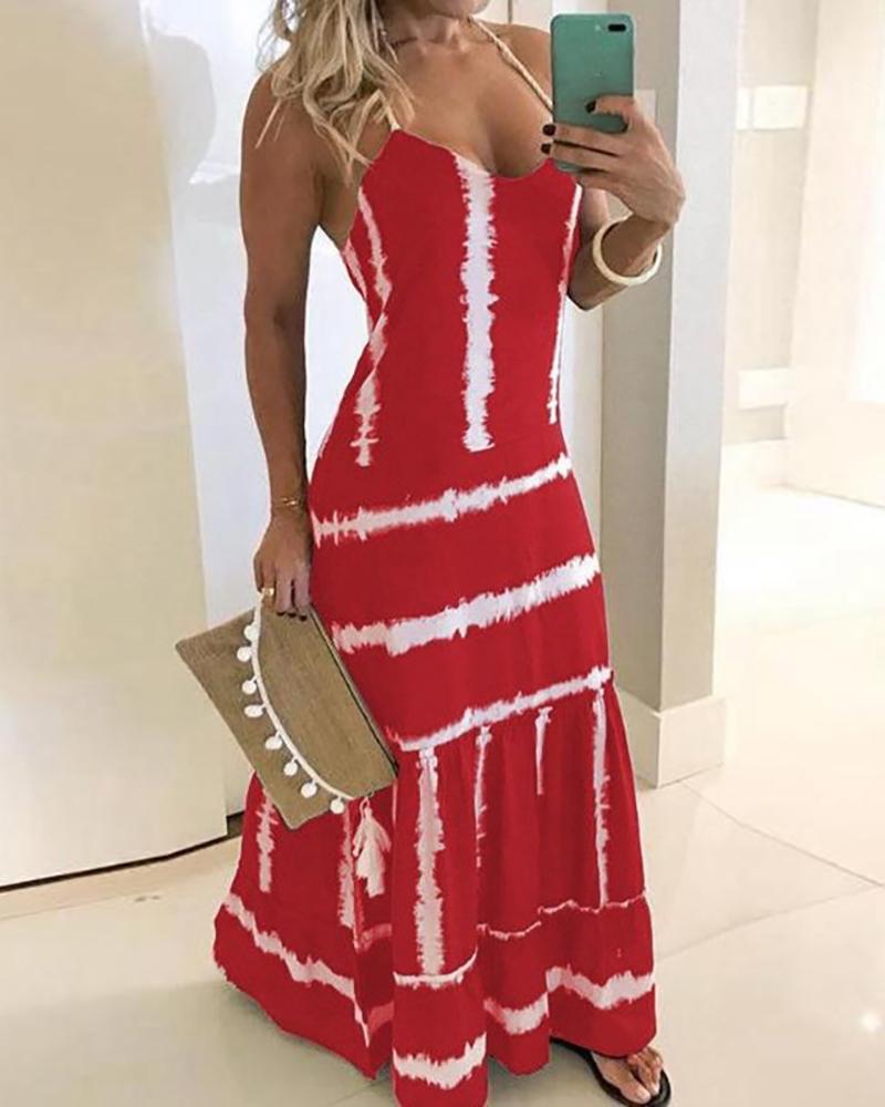 

Tie Dye Print Halter Maxi Dress, Red