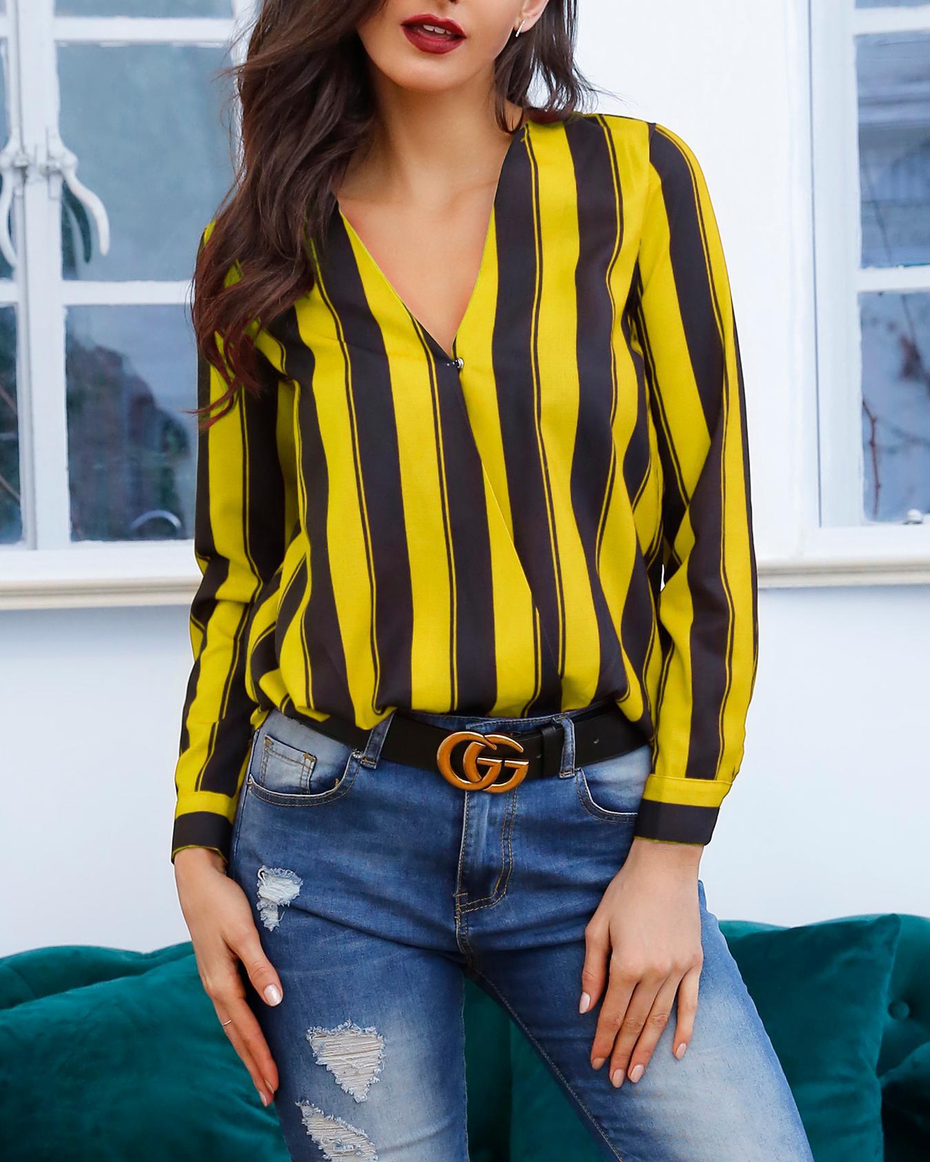 

Stripes Deep V Long Sleeve Casual Blouse, Yellow