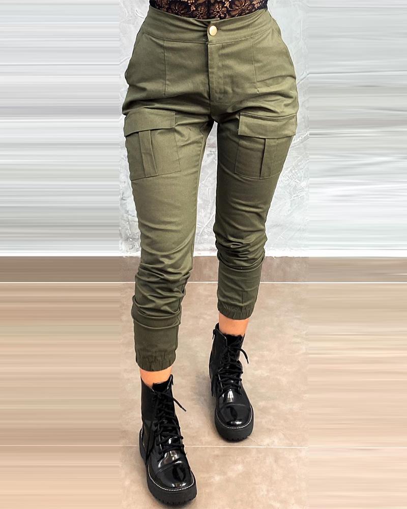 

High Waist Pocket Design Plain Pants, Army green