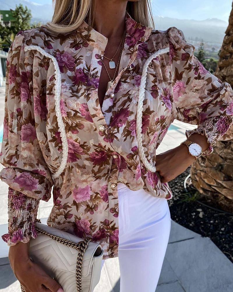 

Floral Print Puffed Sleeve Shirt, Apricot