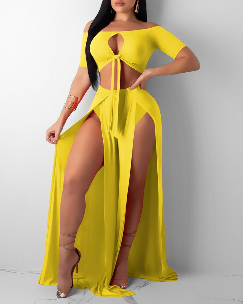 

Cutout Front Knotted Crop Top & High Slit Maxi Skirt Set, Yellow