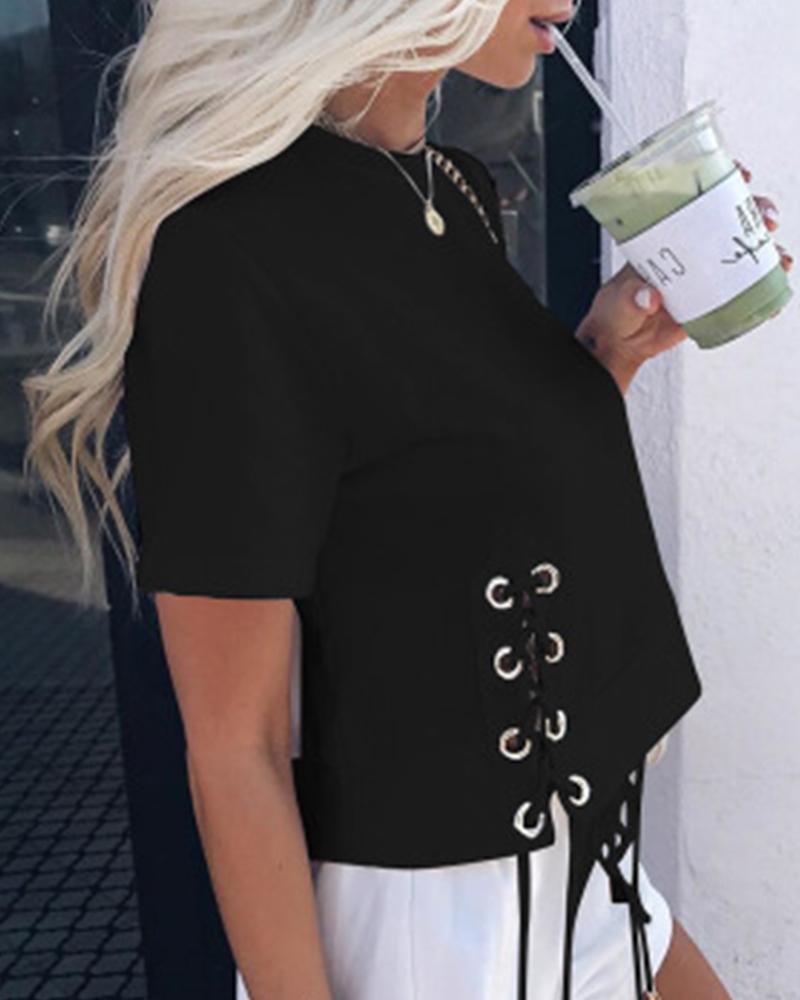 

Solid Color Lace-up Short Sleeve T-shirt, Black