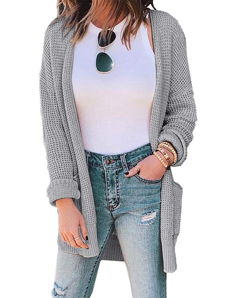 

Casual Solid Waffle Check Cardigan, Light gray