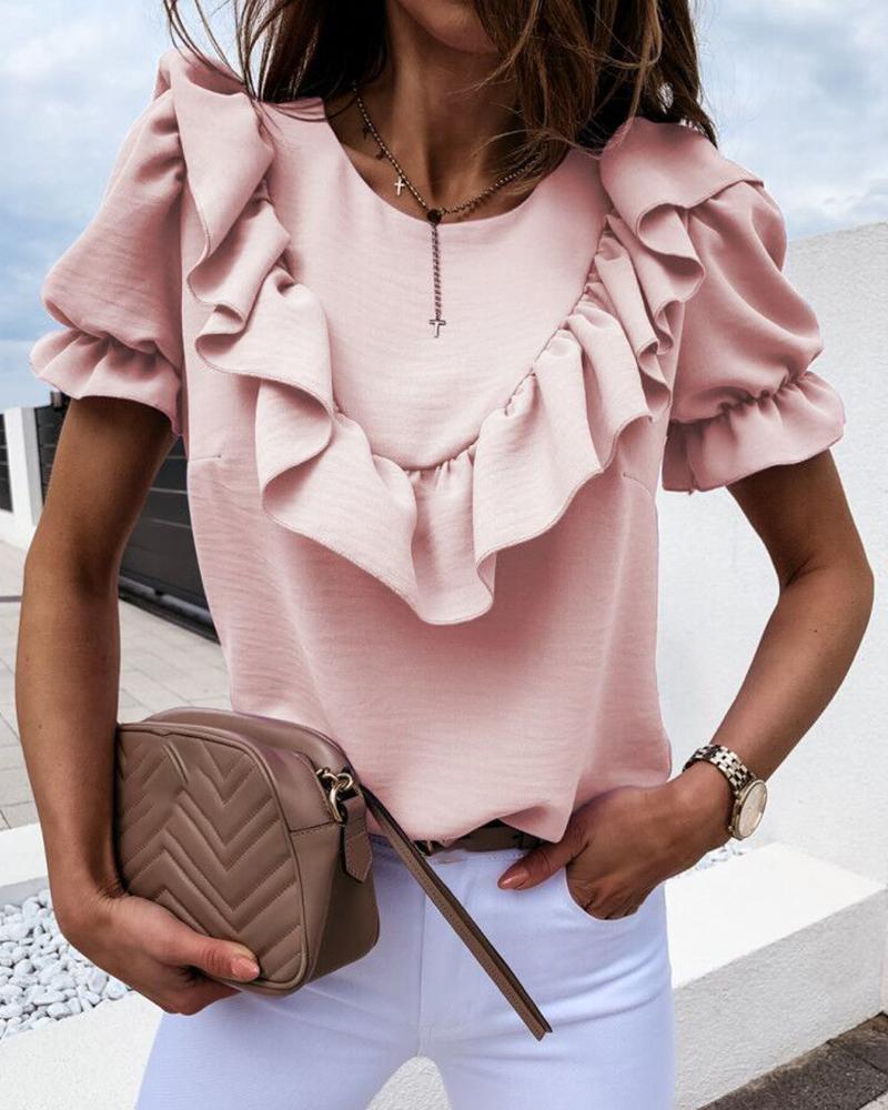 

Puffed Sleeve Ruffles Casual Blouse, Pink