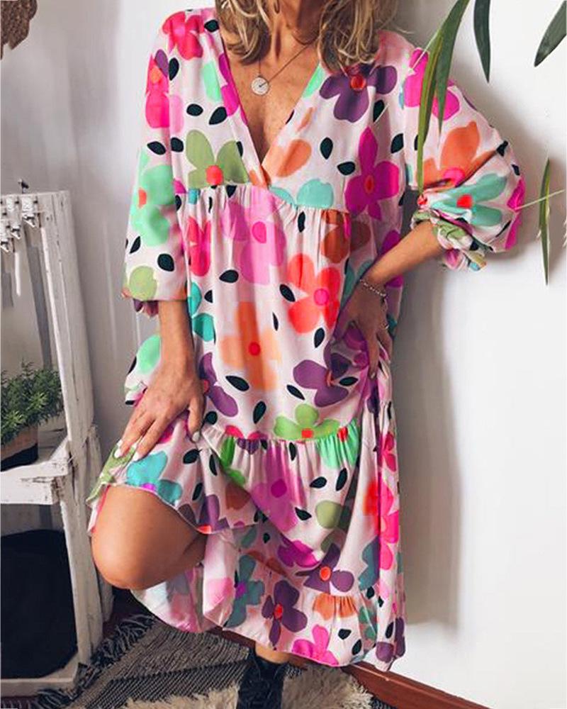 

Floral Print Colorblock Ruched Casual Dress, Hot pink