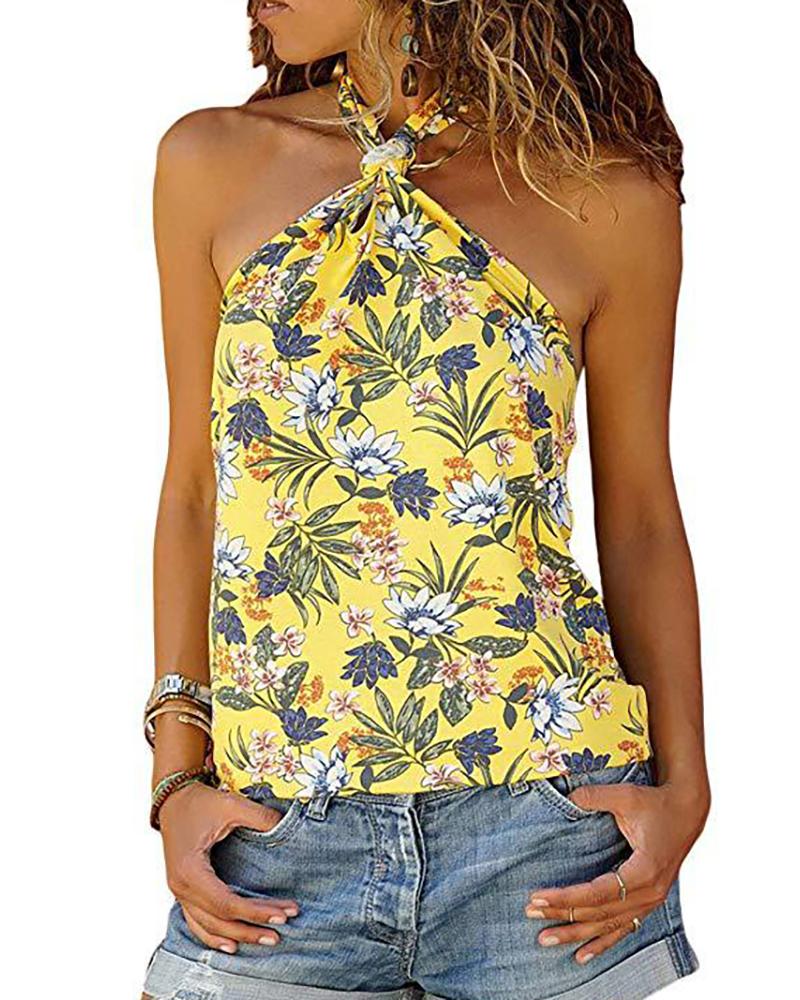 

Floral / Graphic Print Halter Tied Detail Top, Yellow