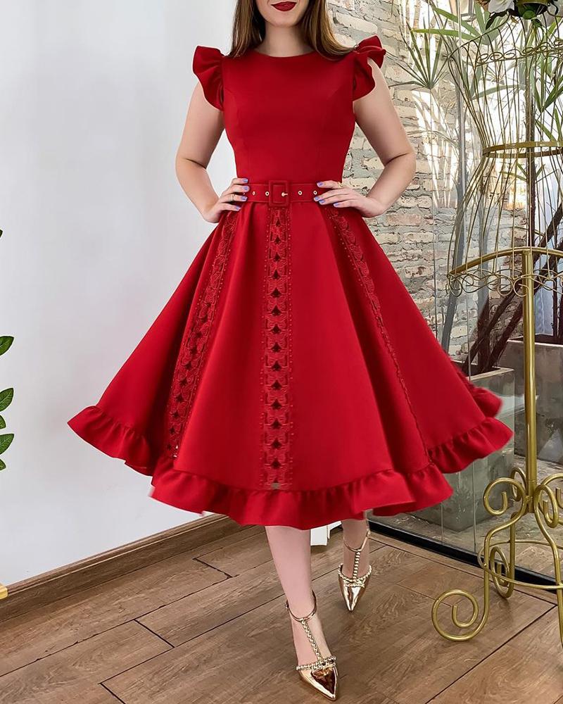 

Plain Hollow Out Frill Hem Dress, Red