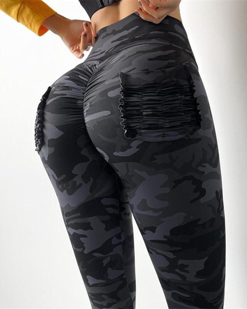 

Camouflage Print Colorblock Seamless Butt Lifting Yoga Pants, Dark grey