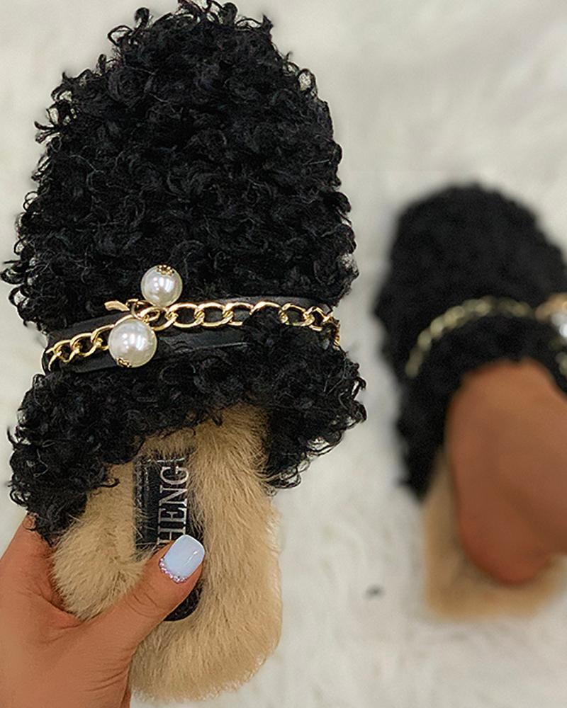 

Chain Decor Beaded Fluffy Slippers, Black
