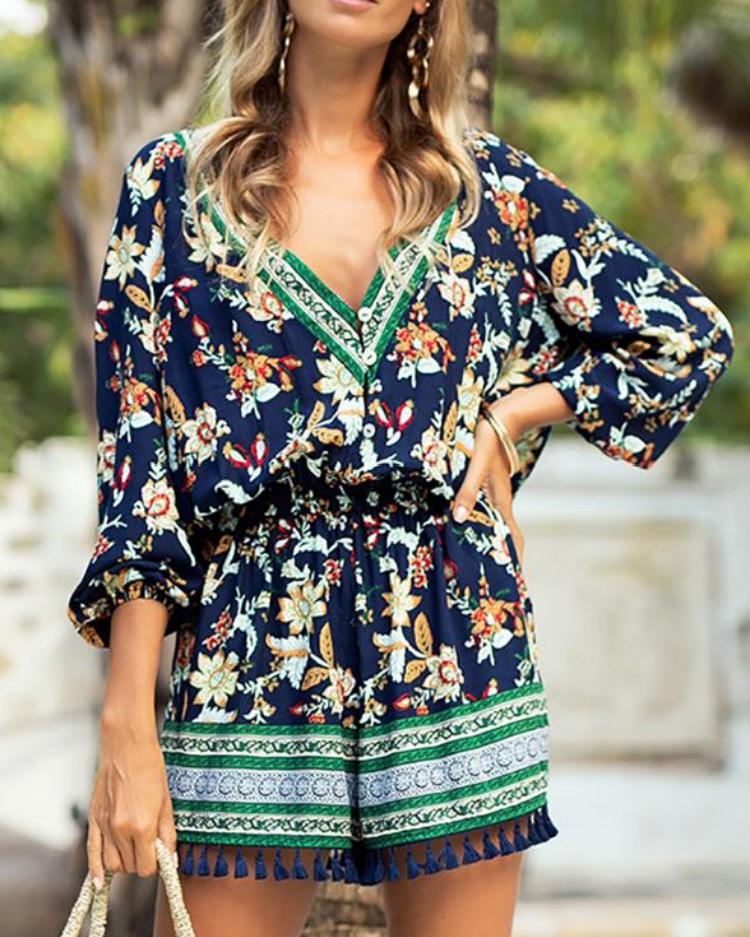 

Floral Print Tassel Design Romper, Purplish blue