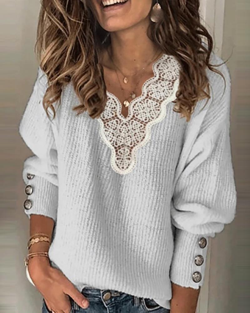 

Lace Trim Button Design Lantern Sleeve Sweater, Gray