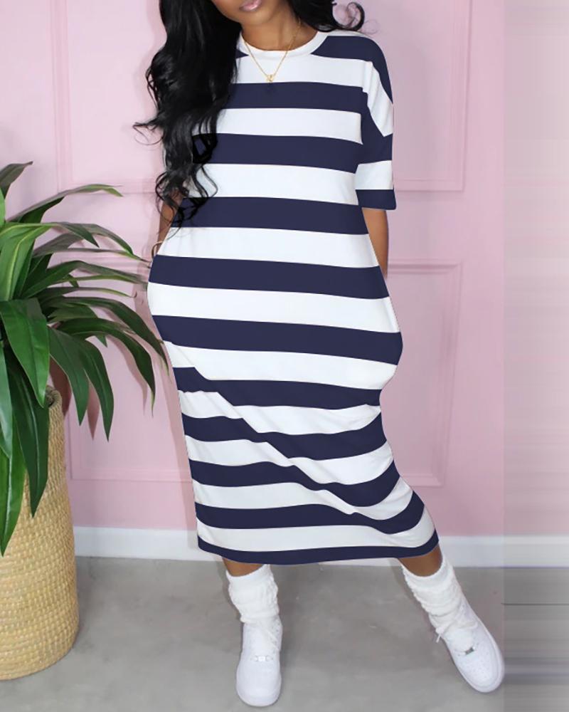 

Side Pocket Striped Maxi Dress, Dark blue