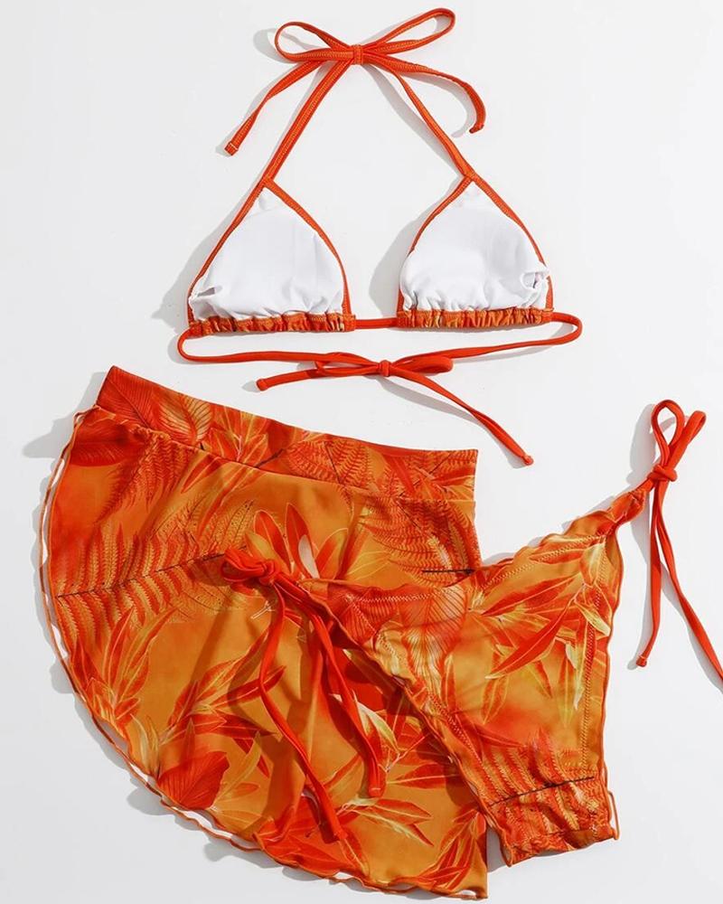 

3PCS Halter Tropical Print Bikini Set With Beach Skirt, Orange